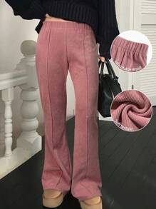 INAWLY 柔软灯芯绒松紧腰阔腿休闲裤，粉色，秋冬 - 粉色 - 查看 1