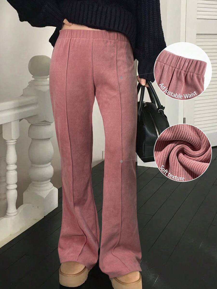 INAWLY 柔软灯芯绒松紧腰阔腿休闲裤，粉色，秋冬 - 粉色 - 查看 1