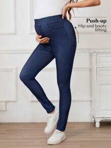 SHEIN Maternity Elastic Waist Pockets Casual Versatile Stretchy Knit Skinny Jeans - Dark Wash - View 3