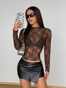 SHEIN PETITE 女士花卉蕾丝长袖透视性感衬衫（随机剪裁） - 巧克力棕 - 查看 1