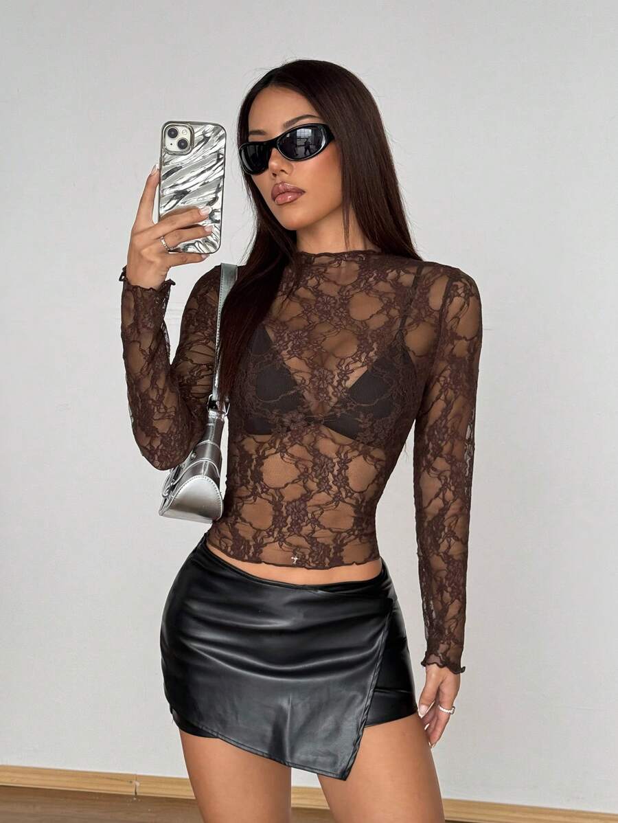 SHEIN PETITE 女士花卉蕾丝长袖透视性感衬衫（随机剪裁） - 巧克力棕 - 查看 1