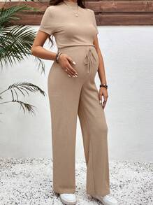 SHEIN 2 件套孕妇纯色立领短袖上衣和长裤套装 - 卡其色 - 查看 6