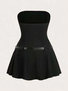 SHEIN EZwear Plus Size Zwarte Strapless Mini Jurk Met Geplooide, Rekbare Stof, Wordt Geleverd Met PU Tailleband, Lente/Zomer - Zwart - Bekijken 2