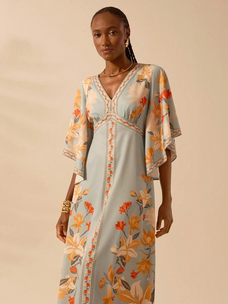 CAJUNI 女士波西米亚风热带花卉印花深 V 领荷叶边袖连衣裙，度假休闲夏季连衣裙 - 彩色 - 查看 1