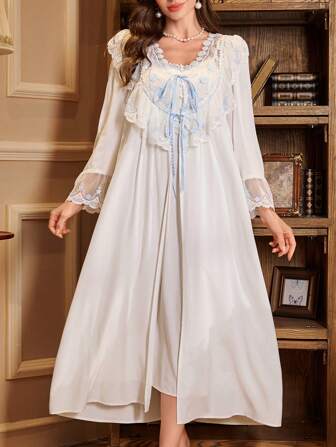 2pcs/Set Contrast Floral Embroidered Camisole Nightgown Babydoll And Robe Pajama Set Holiday Season, Fall Winter Clothes Cozy And Elegant Details