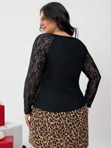 SHEIN LUNE Camiseta de Manga Longa Casual Simples Plus Size para Mulheres, Camiseta Ajustada Casual Romântica para o Dia dos Namorados, Adequada para Verão, Dia dos Namorados, Camiseta Casual para Férias Mulher Verão para Mulheres - Preto - Visão 2