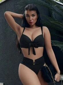 女士沙滩装：2 件套纯色聚拢钢圈优雅比基尼泳装，适合夏季海滩度假 - 黑色 - 查看 1