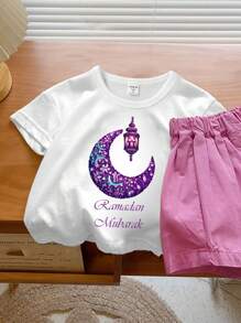 Ramadan Young Girl Casual Fashionable Creative Holiday Style Cartoon Cute Decorative Moon Light Pattern Print Casual Basic Short Sleeve Top, Mommy And Me Matching (2 Pieces Sold Separately) - White - View 5