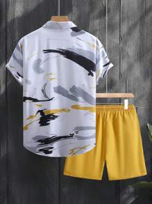 Manfinity RSRT Men Beach Outfits Tropical Print Shirt & Drawstring Waist Shorts Men Clothes Set Summer Sets For Men Summer Men Summer Clothes Set Short Sets For Men Men Outfit Sets - Yellow - View 3
