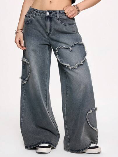 Goth Jeans amples vintage délavés avec motif cœur bleu pour femmes