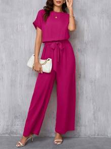 SHEIN Clasi Women's Elegant Round Neck Pink Jumpsuit With Self-Tie Belt And Wide Leg Design - Hot Pink - View 5