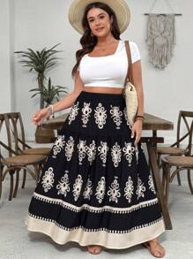 SHEIN VCAY 大码休闲假日复古印花半身裙