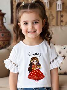 SHEIN 女童印花圆领纯棉T恤，适合女孩日常穿着、参加活动、家庭聚会和特殊场合。 - 白色 - 查看 1