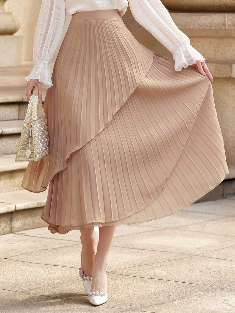 Solid-Color Pleated Ruffle Hem Skirt For Office Wear, Women