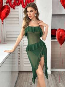 Valentine's Day Ruffled Splice Side High Slit Sexy Mesh Sheer Slip Dress - Dark Green - View 2