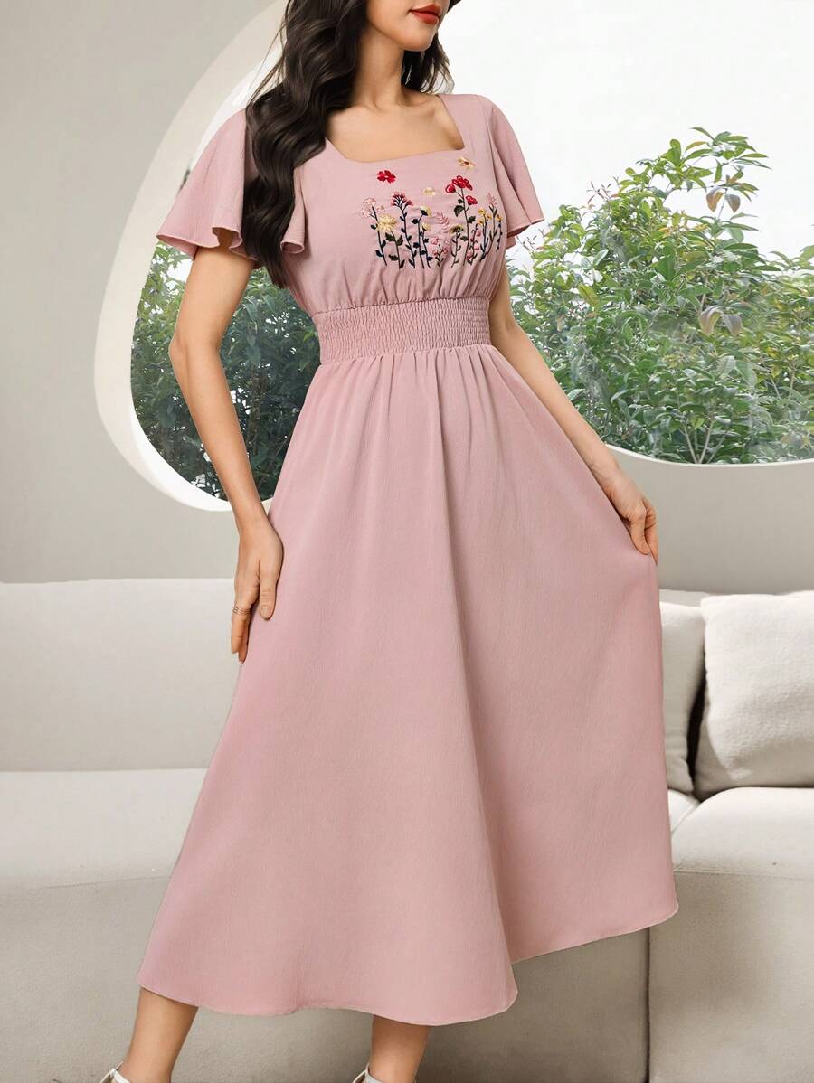 Modelyn 女士花卉刺绣方领短袖休闲优雅连衣裙 - 粉色 - 查看 1