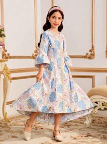 SHEIN Asymmetrisches Langarmkleid mit Blumen Muster für Tween-Mädchen, Rosa und Blau, modisch geeignet für Partys, Versammlungen, Ramadan, Frühling und Sommer