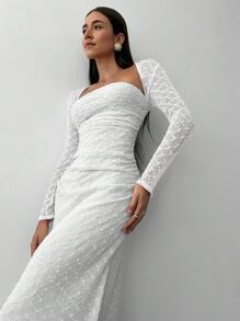 Aloruh Vestido de punto jacquard de cuello cuadrado elegante para mujer, otoño/invierno - Blanco - Ver 8