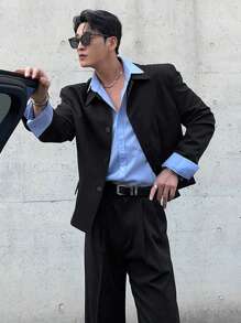 DAZY 男士纯黑色西装套装，包含夹克和裤子，适合所有季节，秋冬季商务着装 - 黑色 - 查看 2