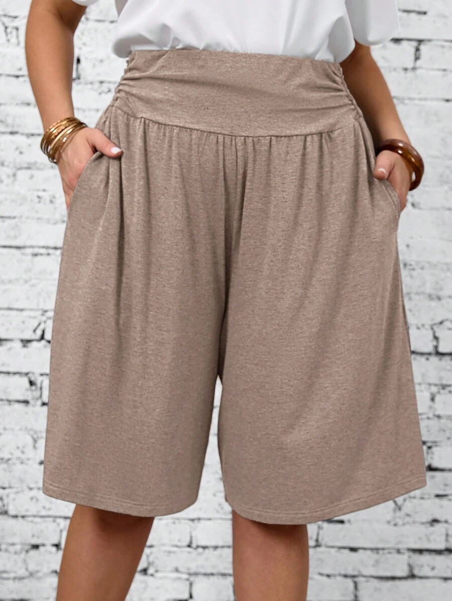 EMERY ROSE 大码夏季乡村纯色褶皱沙滩短裤，女士度假装，女士波西米亚风，女士夏季装/夏季 - 卡其色 - 查看 1