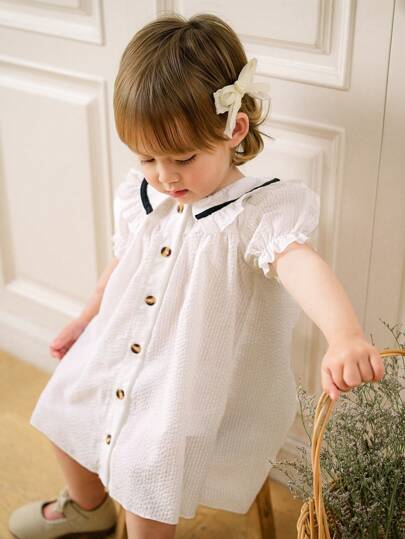 SHEIN 女宝宝夏季泡泡袖短袖简约韩版大翻领纽扣白色连衣裙