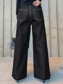 FRIFUL Women's Black Washed Denim Jeans With Pearl Decor, Spring/Summer - Black - View 5