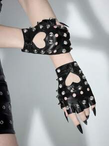 ROMWE Goth 1 双女士铆钉皮革无指手套，简约时尚休闲日常穿着 - 黑色 - 查看 3