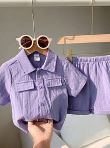 SHEIN Leap Crew 2pcs/Set Baby Boy Summer Cute Casual Purple Short Sleeve Shirt & Shorts Set, Suitable For Birthday Party, Evening Party, Performance, Wedding, Baby Shower, And 1st Birthday Celebration - Multicolor - View 7