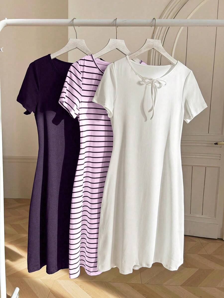 3pcs/Set Striped White & Purple Dress Suit - Multicolor - View 1