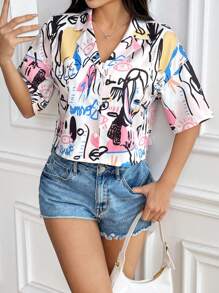 Muchica Blusa/camisa de mujer de manga corta con cuello, hombros caídos y corte cropped con estampado gráfico y botones - Multicolor - Ver 4