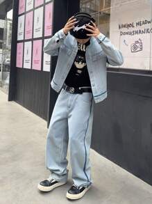 Manfinity EMRG Men's Casual Distressed Contrast Trim Denim Jacket And Pants Suit Set - Blue - View 1