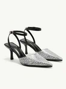 CUCCOO CHICEST 女士仿珍珠和水钻装饰黑色透明带尖头高跟凉鞋，性感优雅的圣诞节闭趾穆勒鞋