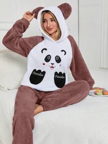 RueChic 2Pcs Pelush Panda Embroidery Detail Hoodie And Long Bottoms PJ Set - Rusty Rose - View 4