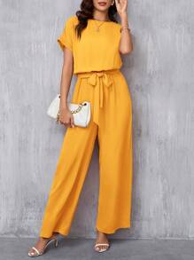SHEIN Clasi 女士优雅圆领腰带阔腿连体裤 - 黃色 - 查看 5