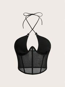 SHEIN ICON Heart Rhinestone Buckle Waist Mesh Patchwork Cross Cami Top - Black - View 1