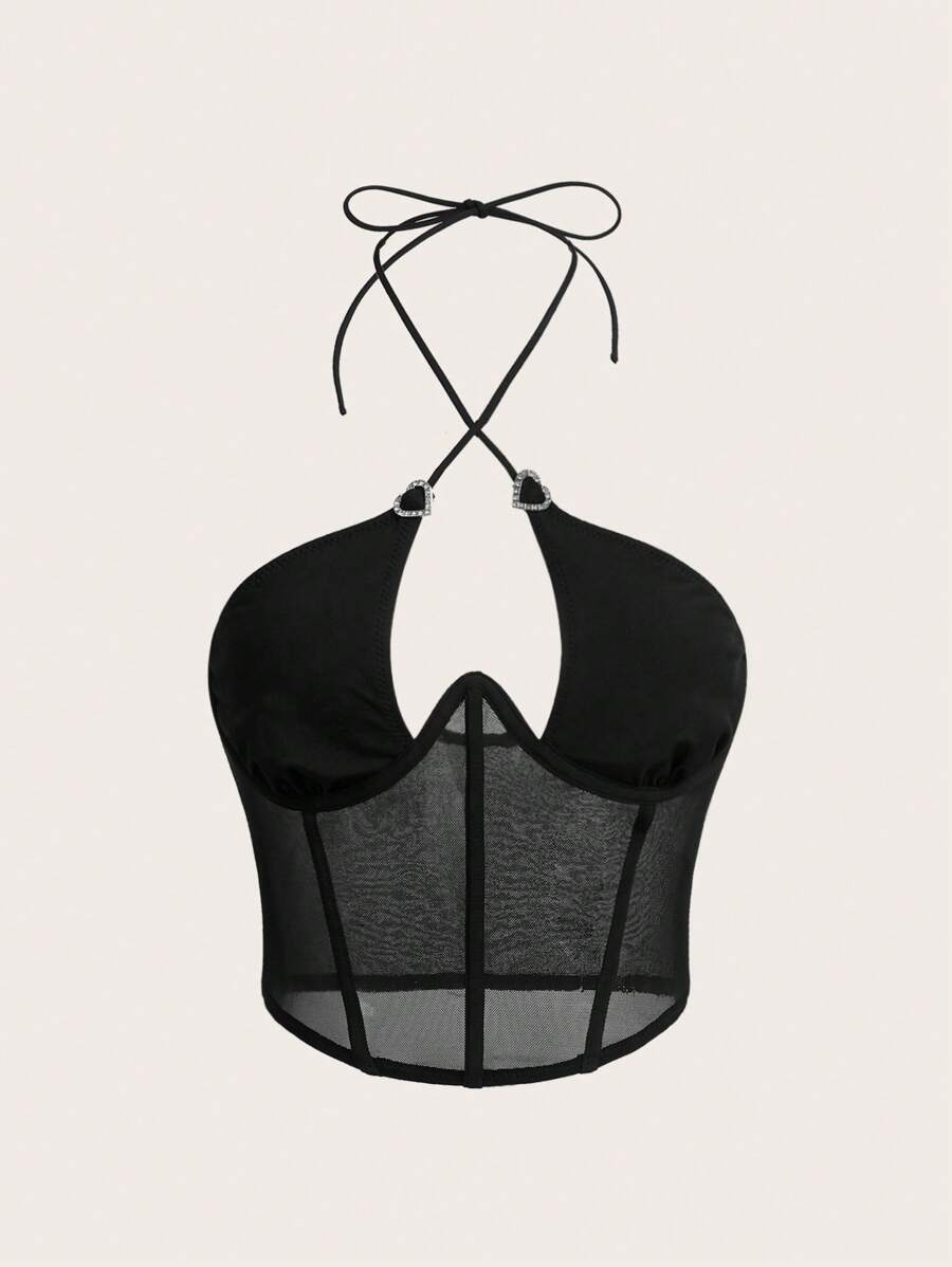 SHEIN ICON Heart Rhinestone Buckle Waist Mesh Patchwork Cross Cami Top - Black - View 1