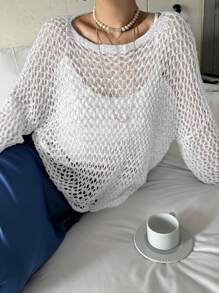 DAZY 女士圆领镂空毛衣，简约时尚，休闲日常穿着，秋季女装 - 白色 - 查看 3