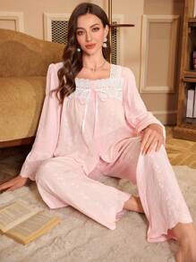 PalaceNights Kontrast-Farbband Schleife Stickerei Top & Lange Hose Damen Schlafanzug Set Urlaubssaison, Herbst Winter Kleidung