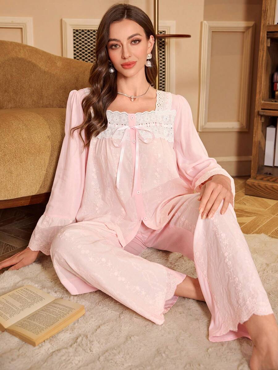 PalaceNights Kontrast-Farbband Schleife Stickerei Top & Lange Hose Damen Schlafanzug Set Urlaubssaison, Herbst Winter Kleidung