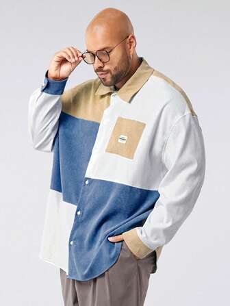 Manfinity NXTstreet Camisa de manga larga de vestir informal y holgada con bloques de color para hombres de talla grande