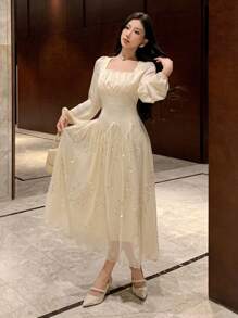 DAZY 优雅方领泡泡袖拼接中长连衣裙，适合春季婚礼宾客舞会礼服，秋季长袖连衣裙，奢华