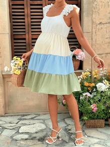 SHEIN Bohemian Ruffled Sleeve Color Block Maternity Dress - Multicolor - View 2