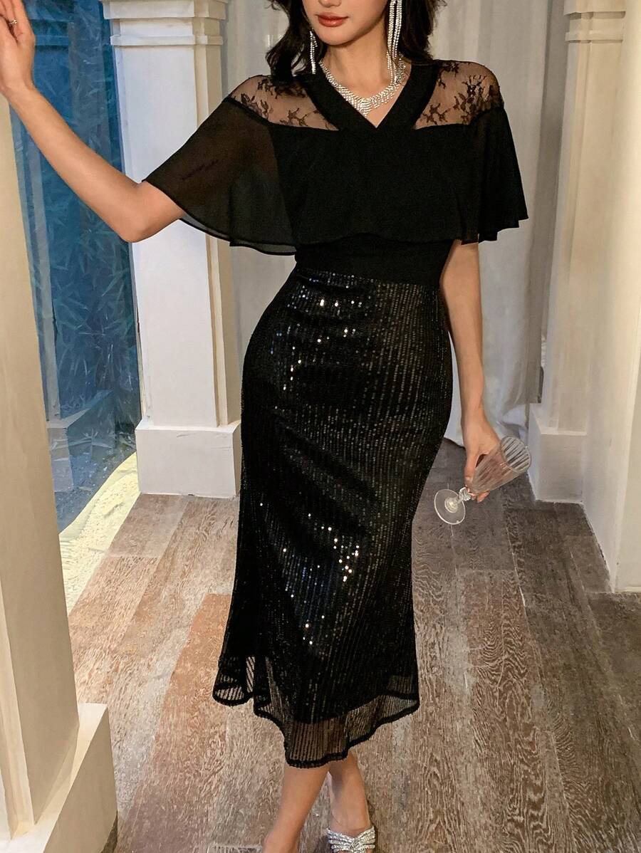 DAZY 女士二合一亮片拼接晚礼服舞会礼服优雅吊带裙新年除夕礼服嘉年华