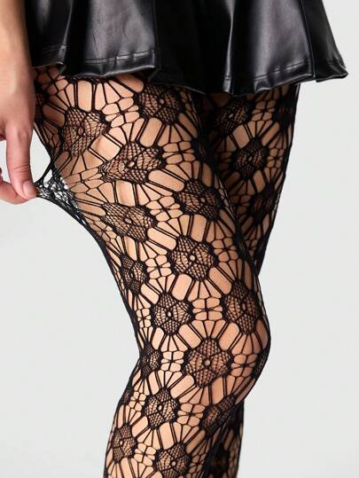 Goth 1 Coppia Di Calze A Rete Nere Da Donna Con Ricamo Di Margherite E Disegni Traforati, Adatte Per Tutte Le Stagioni