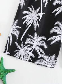 Teen Boy's Palm Tree Printed Drawstring Waist Beach Shorts - Black and White - View 4
