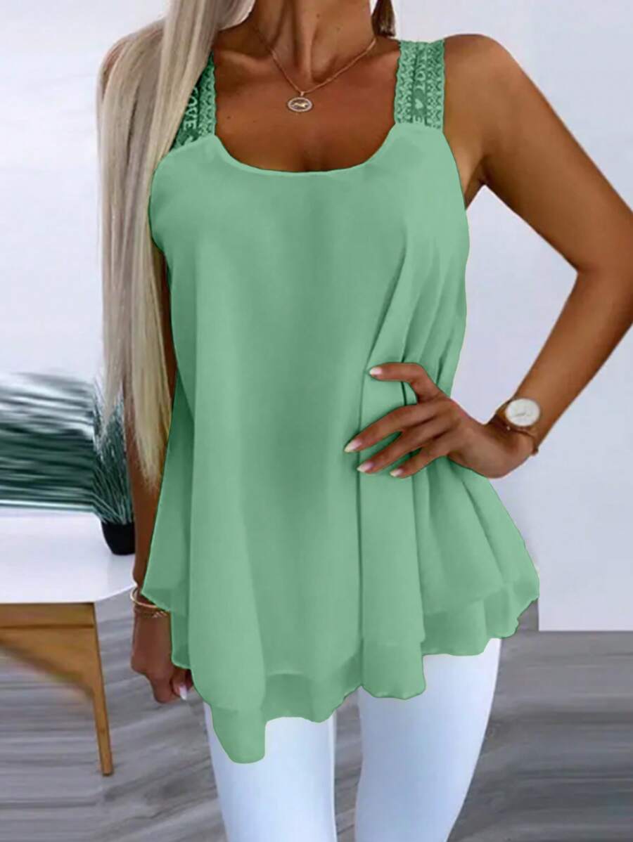 INAWLY 女士雪纺蕾丝宽松背心 - 綠色 - 查看 1