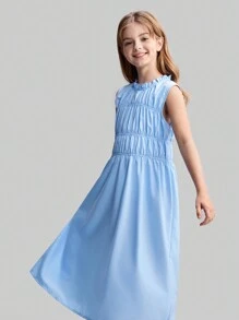 Ontre Tween Girl 极简主义高端褶皱度假时尚休闲宽松舒适杏色无袖连衣裙，简约风格，适合春夏季 - 淺藍色 - 查看 3