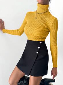 EURMUSE High Neck Ribbed Knit Slim Fit Sweater - Mustard Yellow - View 3