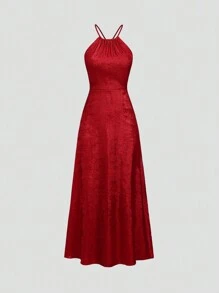 SHEIN Unity 情人节女士修身露背连衣裙，抽绳领，侧高开衩，闪亮面料 - 紅色 - 查看 1