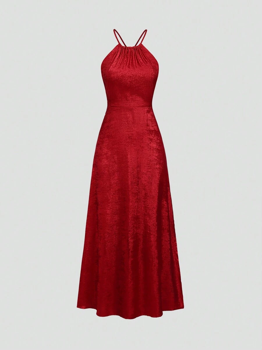 SHEIN Unity 情人节女士修身露背连衣裙,抽绳领,侧高开衩,闪亮面料 - 紅色 - 查看 1